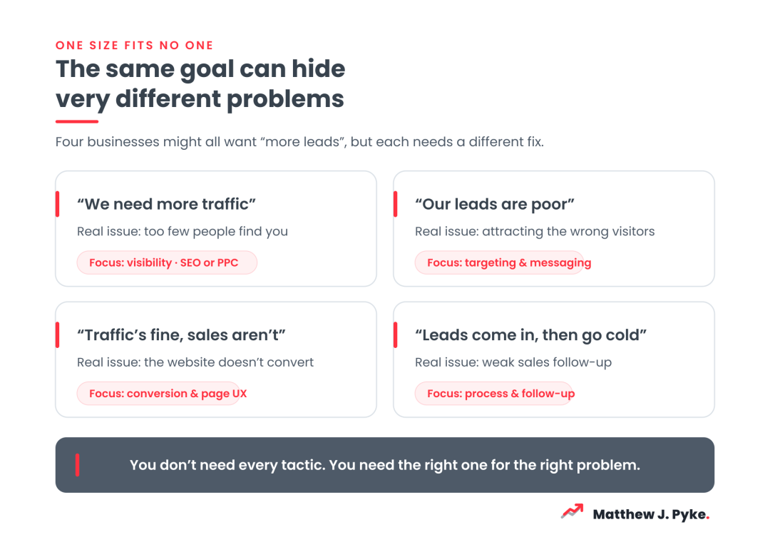 Diagram showing four businesses that all want more leads but each have a different real problem — visibility, targeting, website conversion and sales follow-up.